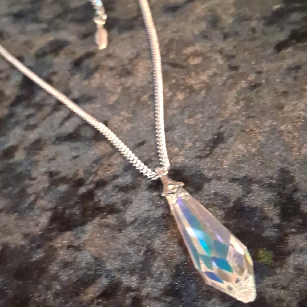 Silver Multi Faceted Crystal Minimalist  Necklace with Dainty Chain 34 In Long